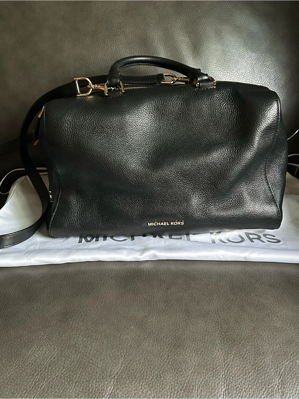 Michael Kors Black Pebbled Leather Duffel with Gold Hardware
